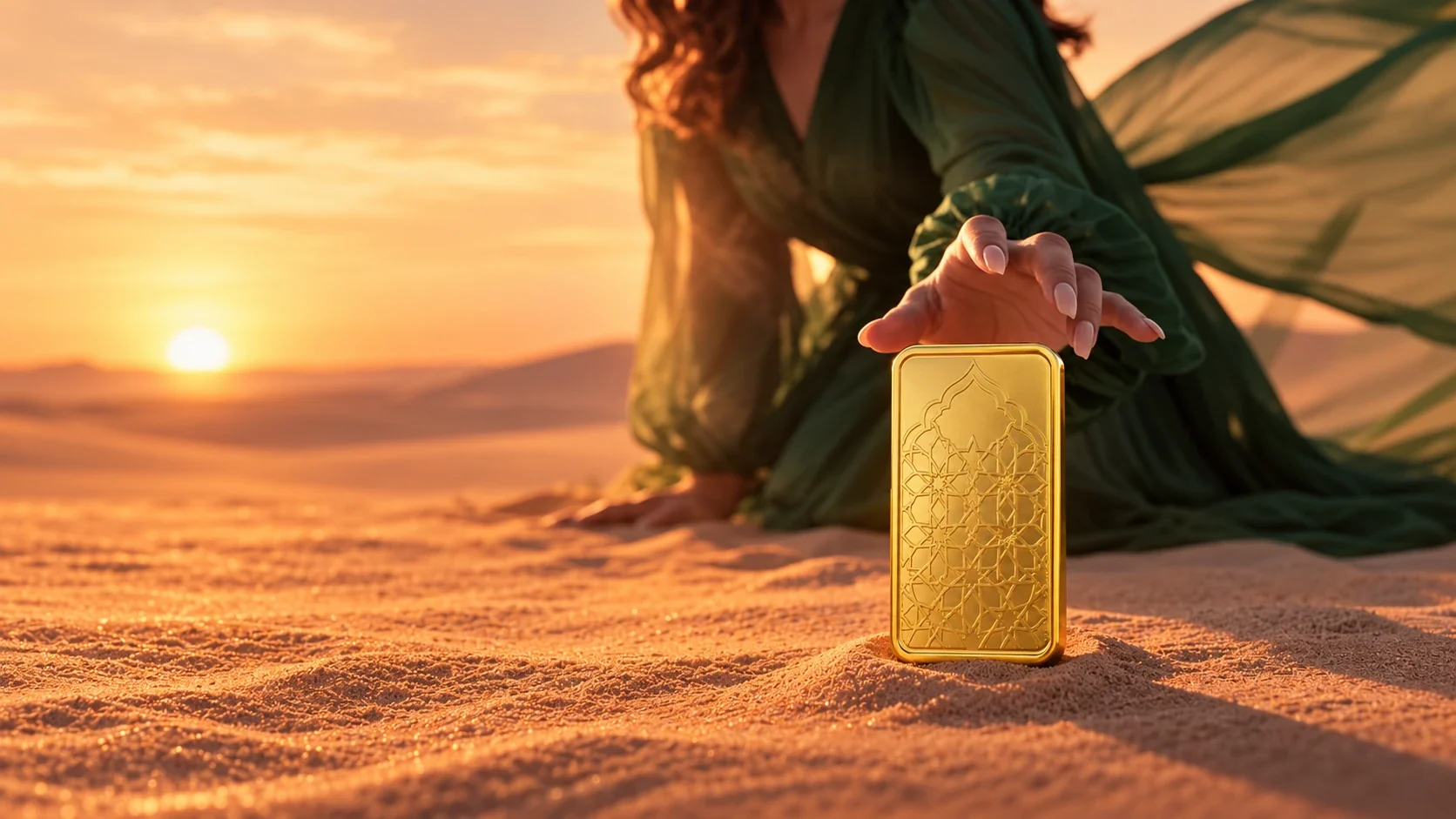 A woman in a flowing green silk dress rests her hand on a gold bar standing in desert sand at sunset
