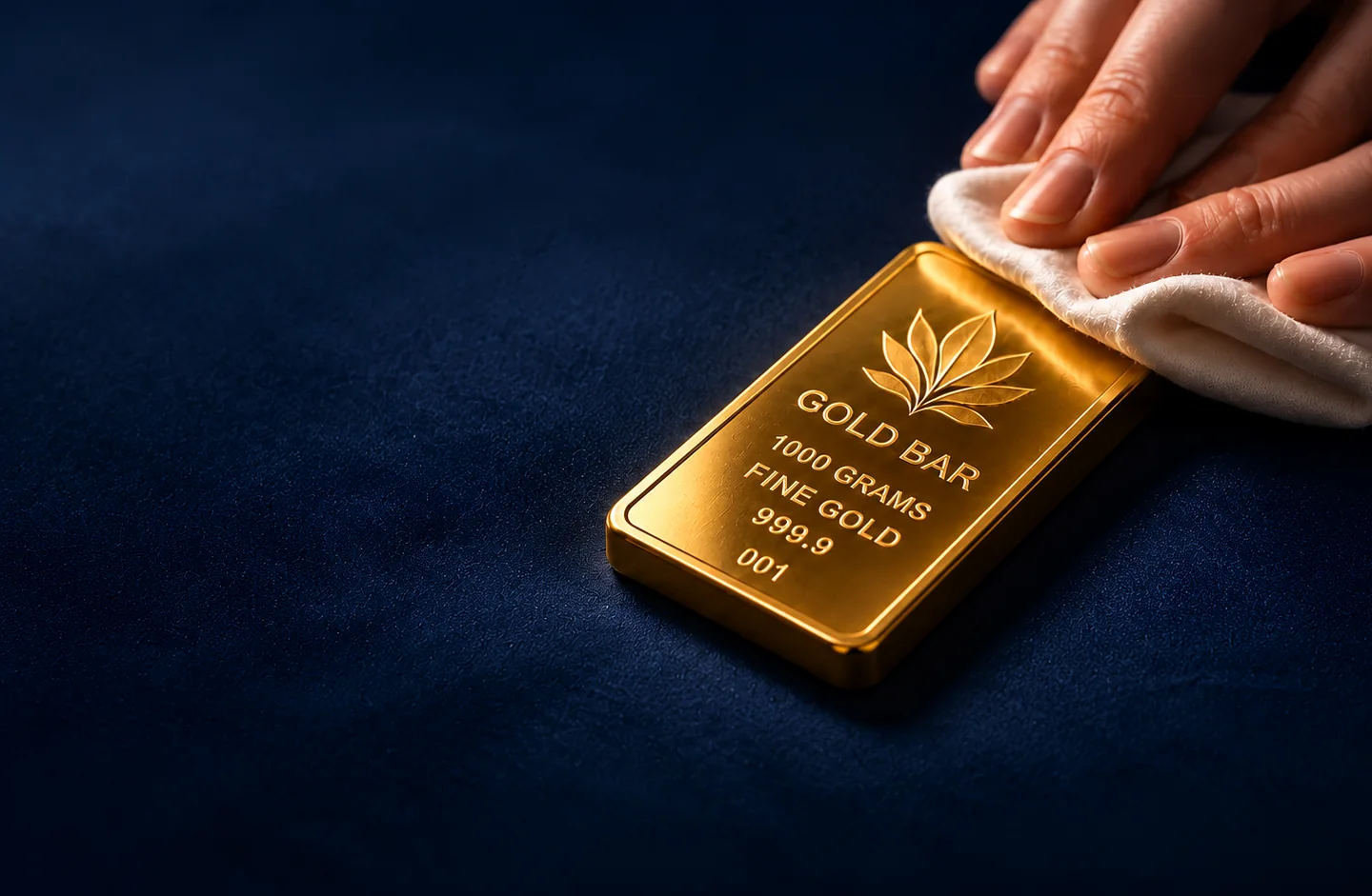 A 1000 g fine gold bar, serial number 001, being wiped with a soft cloth on dark navy velvet
